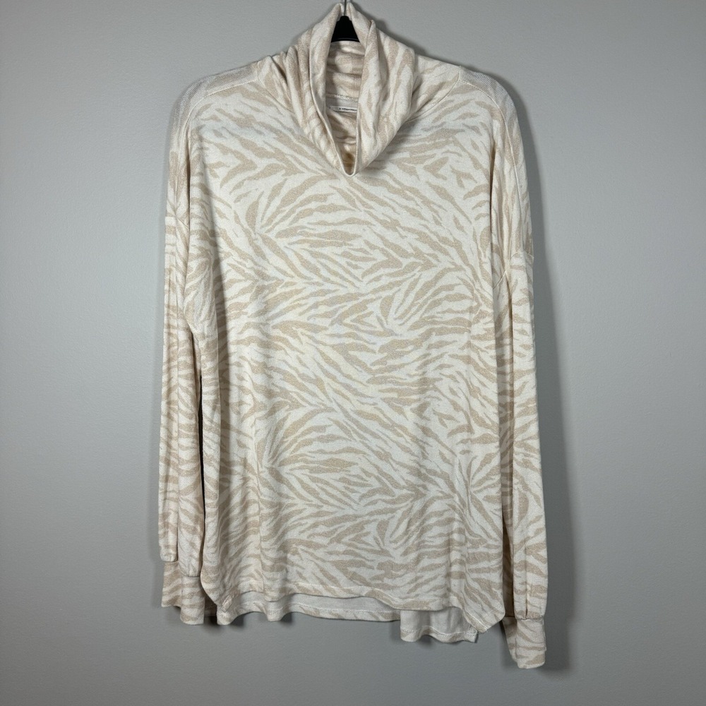 Anthropologie XLarge Top Cream Tan Zebra Cowl Neck Long Sleeve Relaxed Pullover